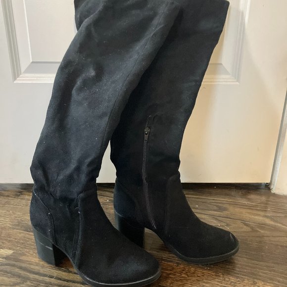 Black Faux Suede Knee High Boots - Picture 1 of 2